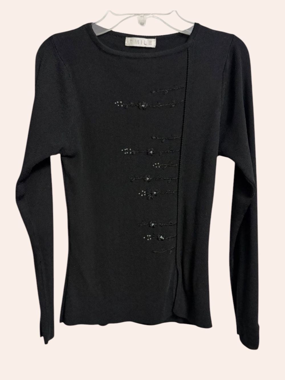 Women's Rib Knit Beaded Embroidered Top Size XS/S Black Feminine Romantic Y2K